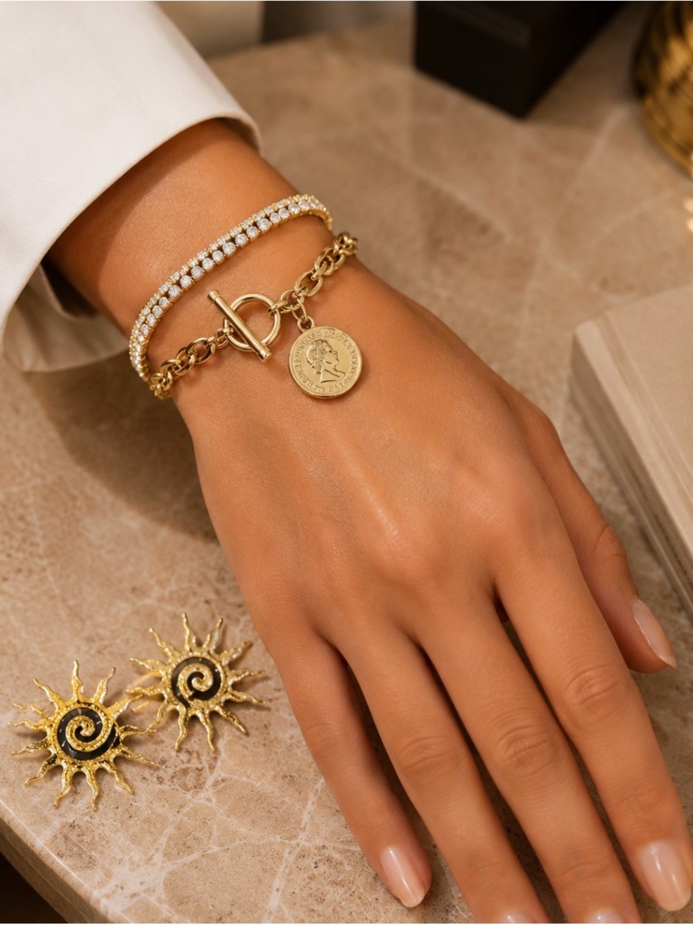 18k Gold Plated Water Proof Coin Chain & Rhinestone  Bracelets w Sun Earrings.